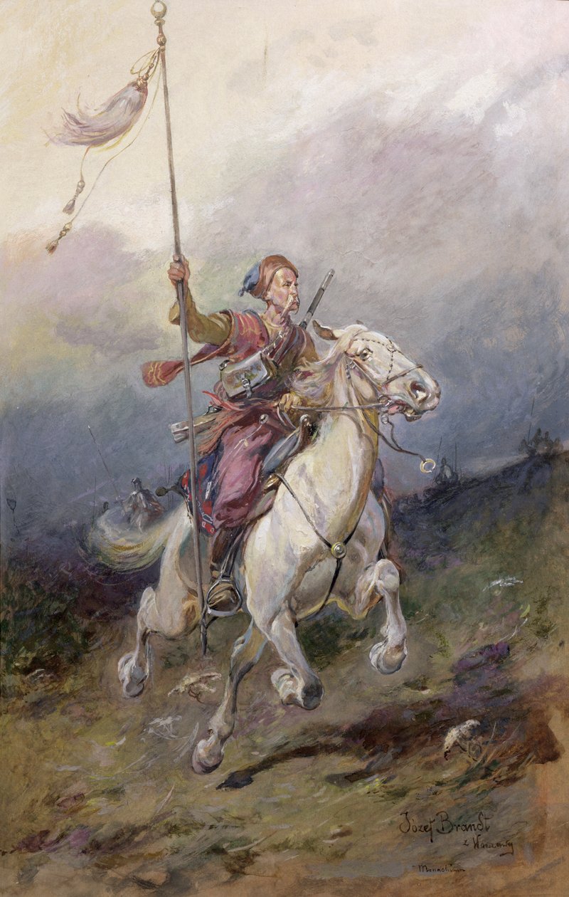 Az Útkereső, egy XVII. századi lengyel lovas fehér lovon. alkotó: Jozef Brandt