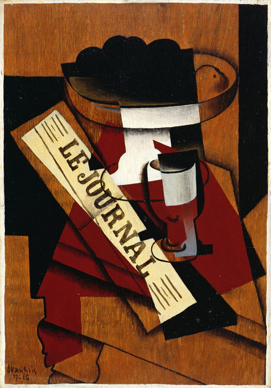 Gyümölcstál, pohár és újság, 1916 alkotó: Juan Gris