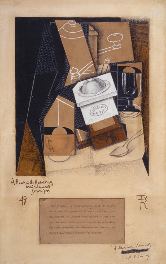 Kávédaráló, csésze és üveg az asztalon alkotó: Juan Gris