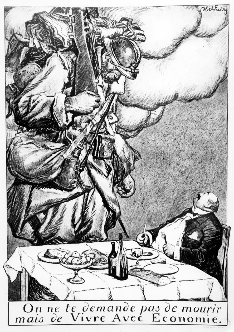 „Nem meghalni kell, hanem takarékoskodni”, háborús haszonlesők karikatúrája, c. 1914-18 alkotó: Jules Abel Faivre