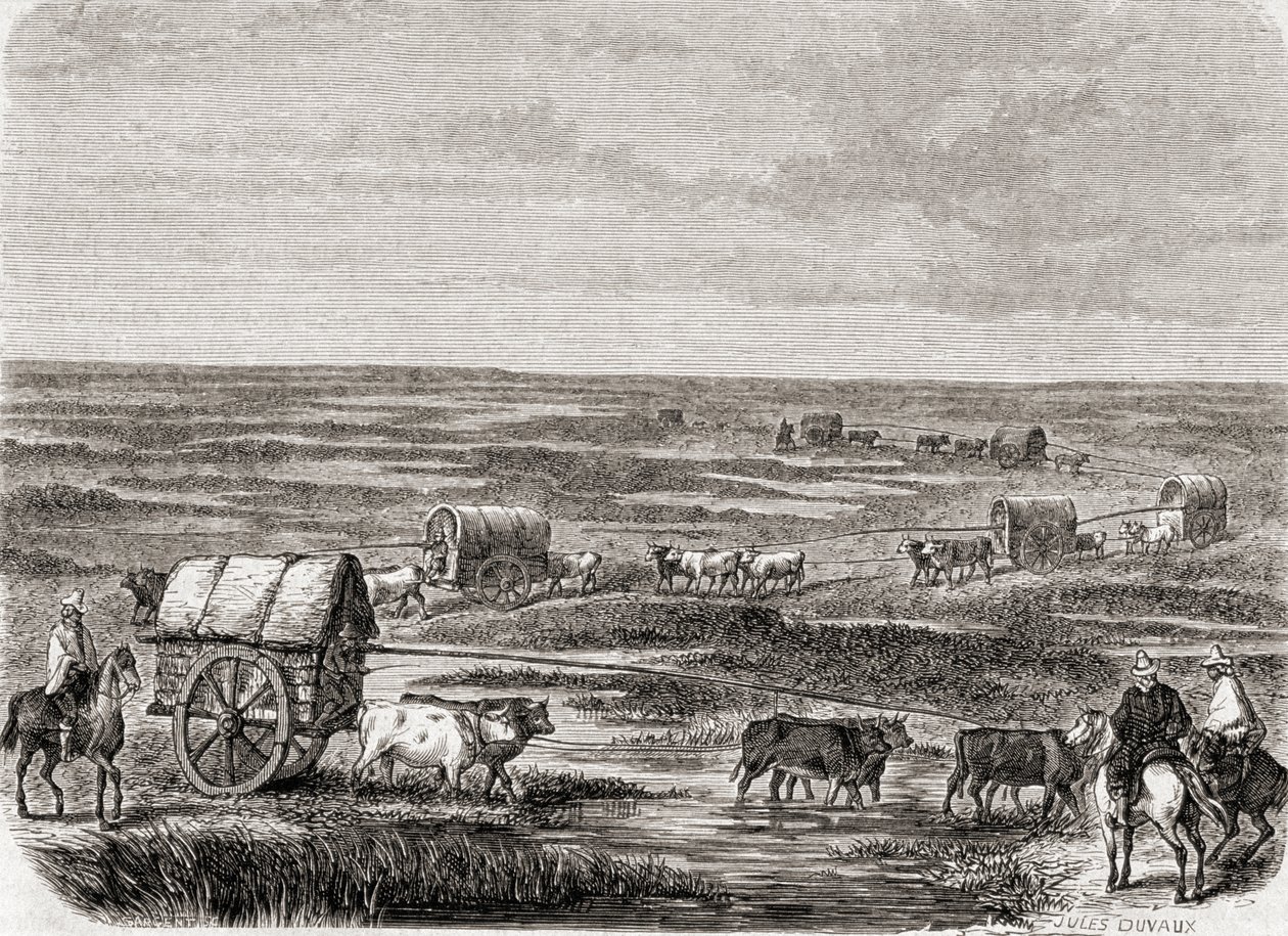 Kocsivonat az argentin pampákon az 1860-as években, metszett Alfred Louis Sargent (sz. 1828) alkotó: Jules Antoine Duvaux