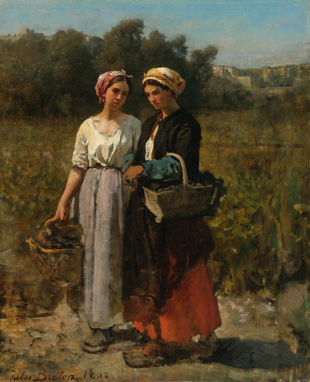 Két fiatal nő szüreteti a szőlőt alkotó: Jules Breton