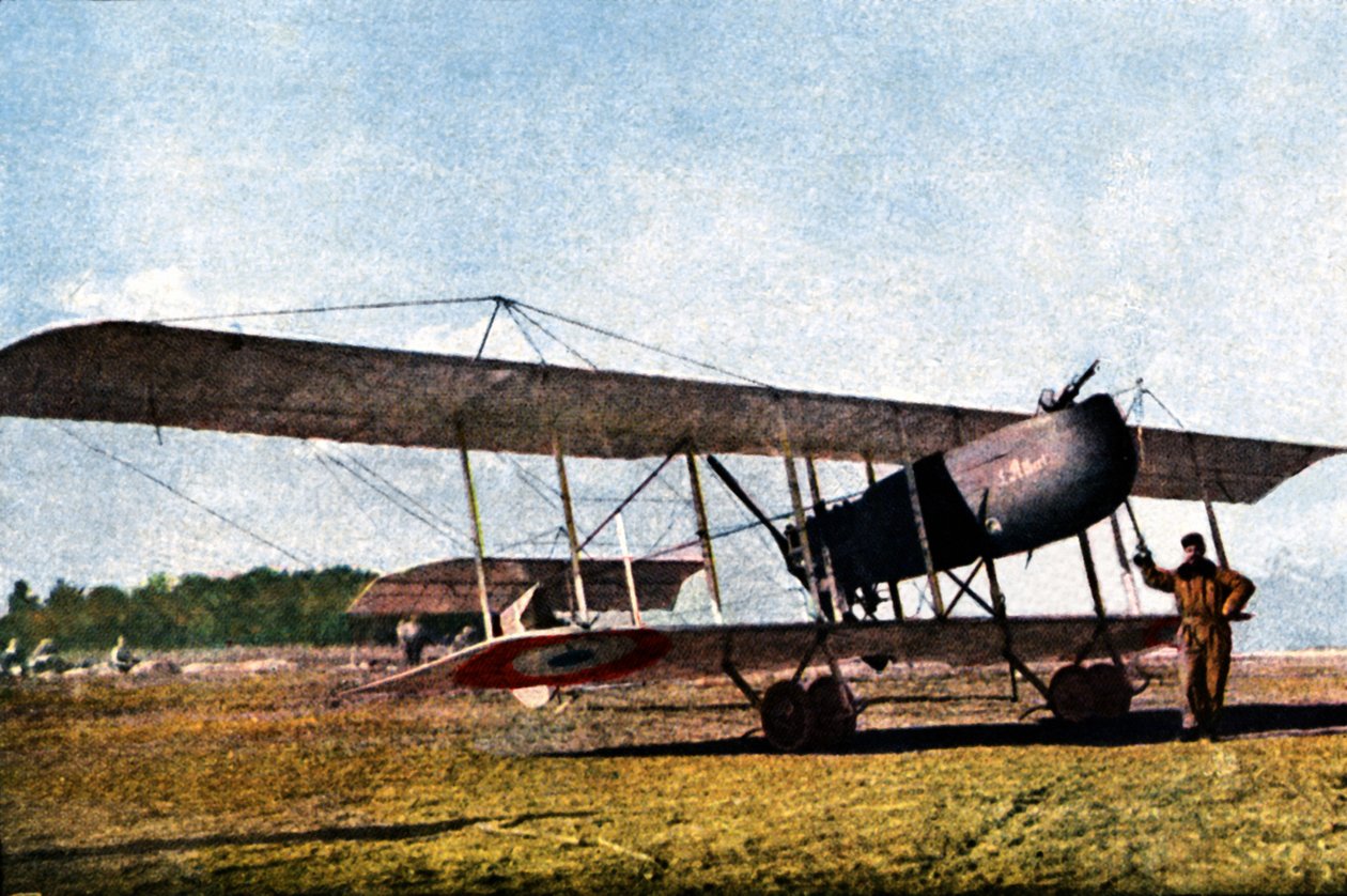 Egy pilóta és egy belga Farman F.40 No. 10 (Kodak), amely felderítő repülőgépként szolgált, Verdun, 1916 szeptember (autokróm) alkotó: Jules Gervais Courtellemont