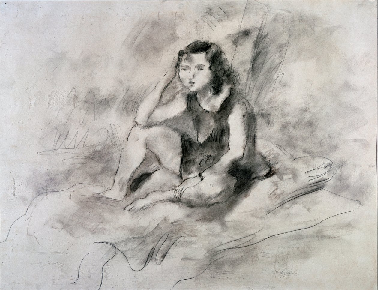 Ülő lány (Akvarell és tinta, kb. 1910) alkotó: Jules Pascin