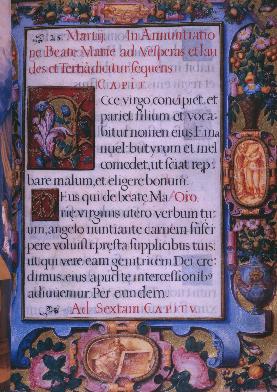Fol.6r, egész oldal, az Annunciáció 5. fejezete, II. Fülöp spanyol király breviáriumának fakszimiléjéből, 1569 (pergamen). alkotó: Julian and Leon, Andres de Fuente del Saz
