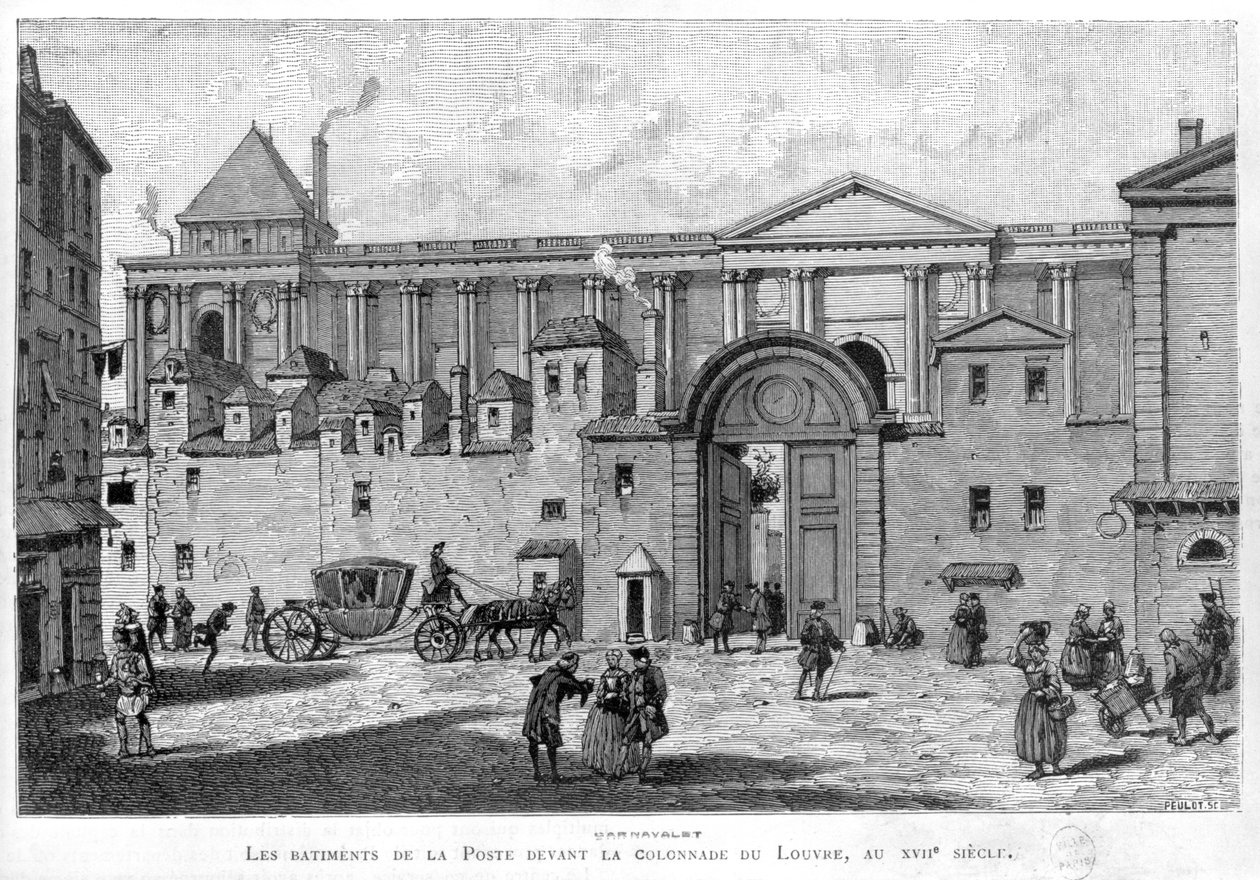 A párizsi postahivatal a Louvre oszlopcsarnoka előtt a 17. században alkotó: Julien Antoine Peulot