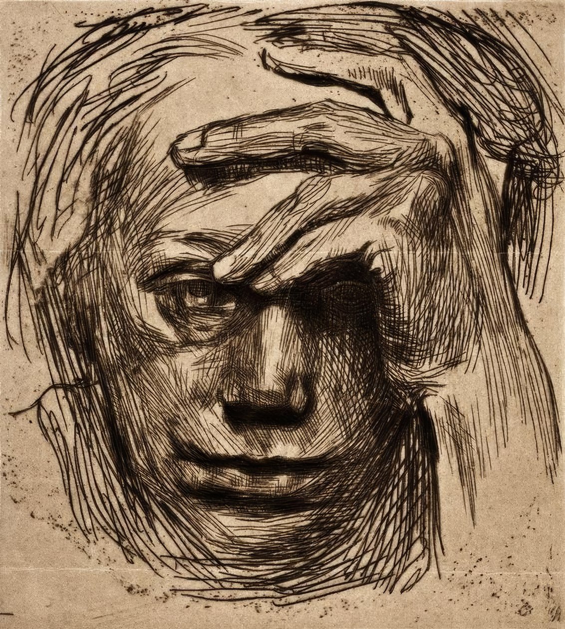 Önarckép kézzel a homlokon alkotó: Käthe Kollwitz