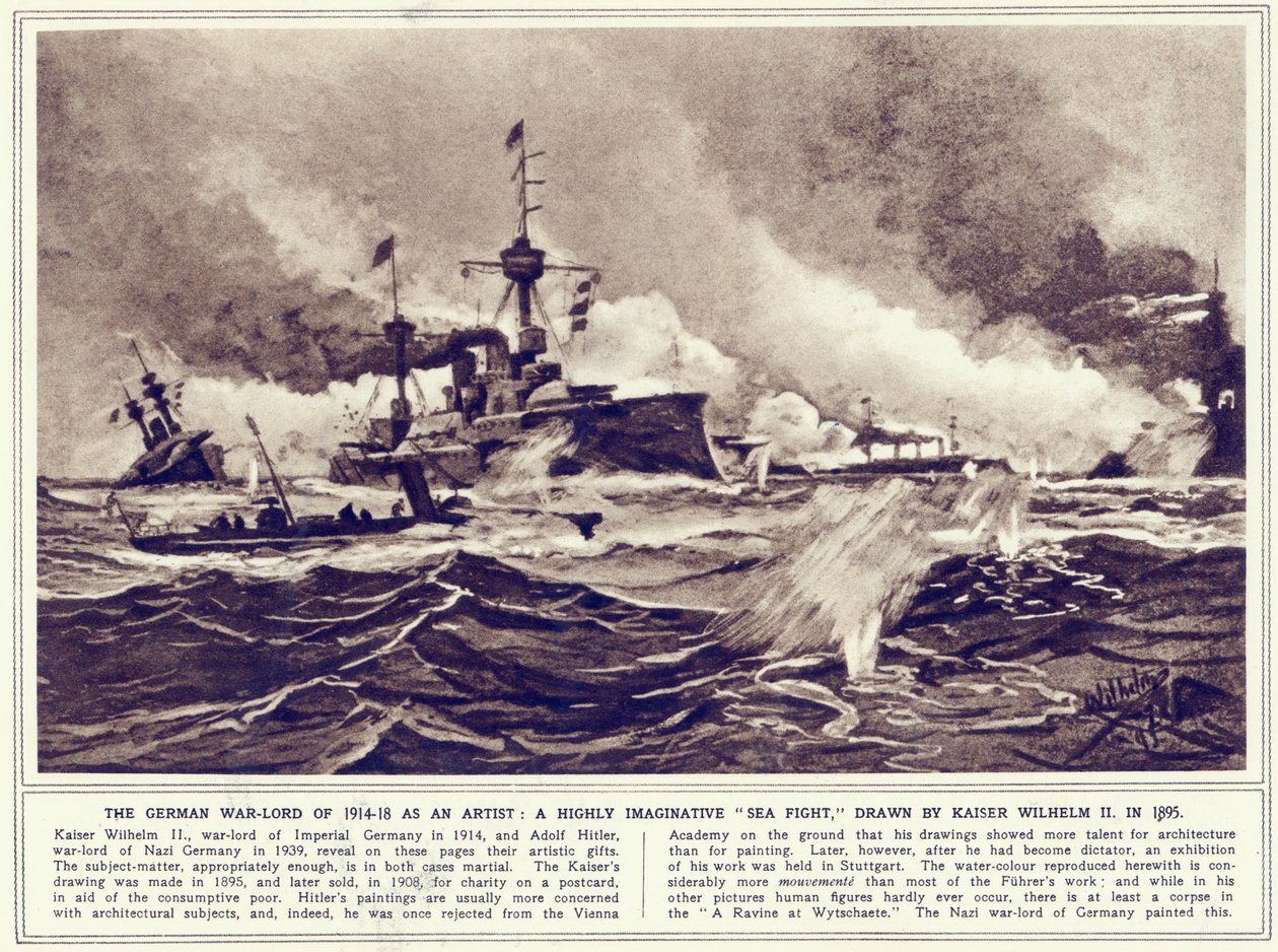Egy tengeri harc, 1895-ben festették, és megjelent a „The Illustrated War News”, 1939. november 1. alkotó: Kaiser Wilhelm II