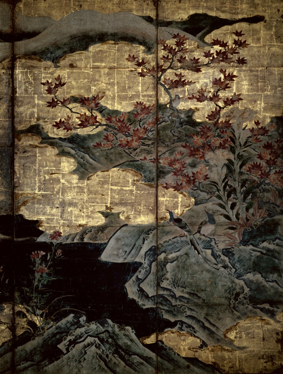 A négy évszak madarai és virágai (toll és tinta, színes, arany papír a panelen) (lásd: 216552, 216551) alkotó: Kano Soshu