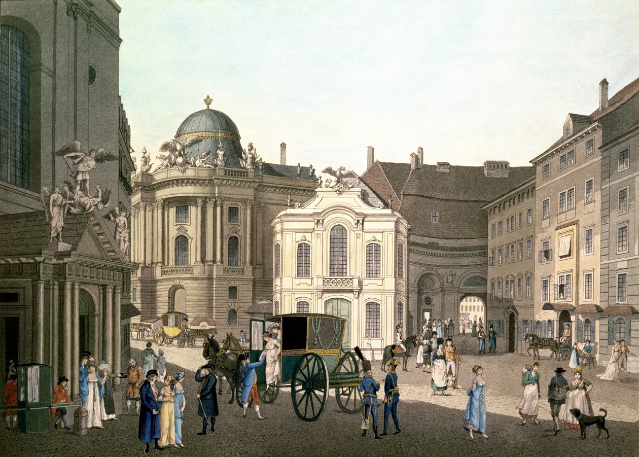 Kilátás a Michaelerplatzról, a régi Burgtheaterrel (kézzel színezett metszet) alkotó: Karel Postl