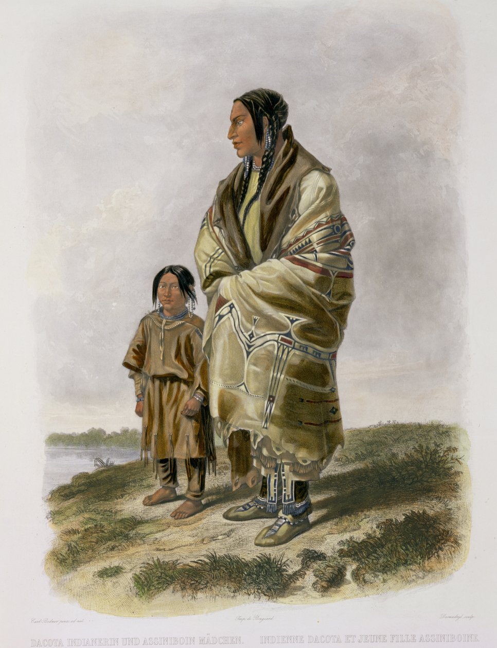 Dacota Woman és Assiniboin Girl, 9. tábla a „Travels in the Interior of North America” 2. kötetéből, Narcisse Desmadryl metszete, 1844 (akvatinta) alkotó: Karl Bodmer