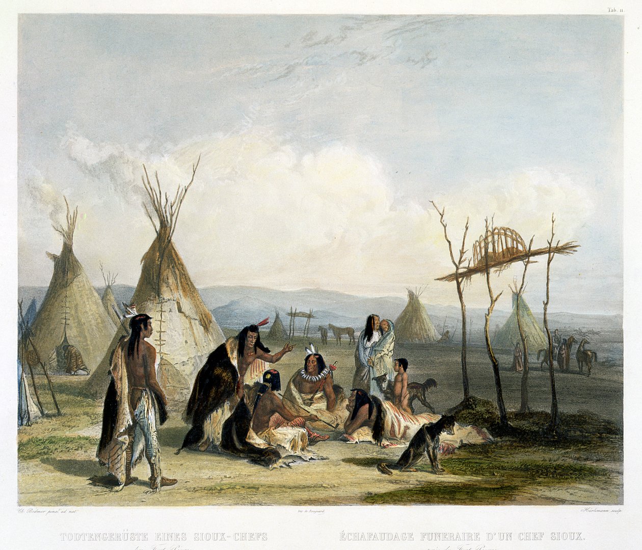 Egy sziú törzsfőnök temetési állványa Fort Pierre közelében, 11. tábla az "Utazások Észak-Amerika belsejében" 2. kötetéből, J. Hurlimann metszete, 1844 (akvatinta). alkotó: Karl Bodmer