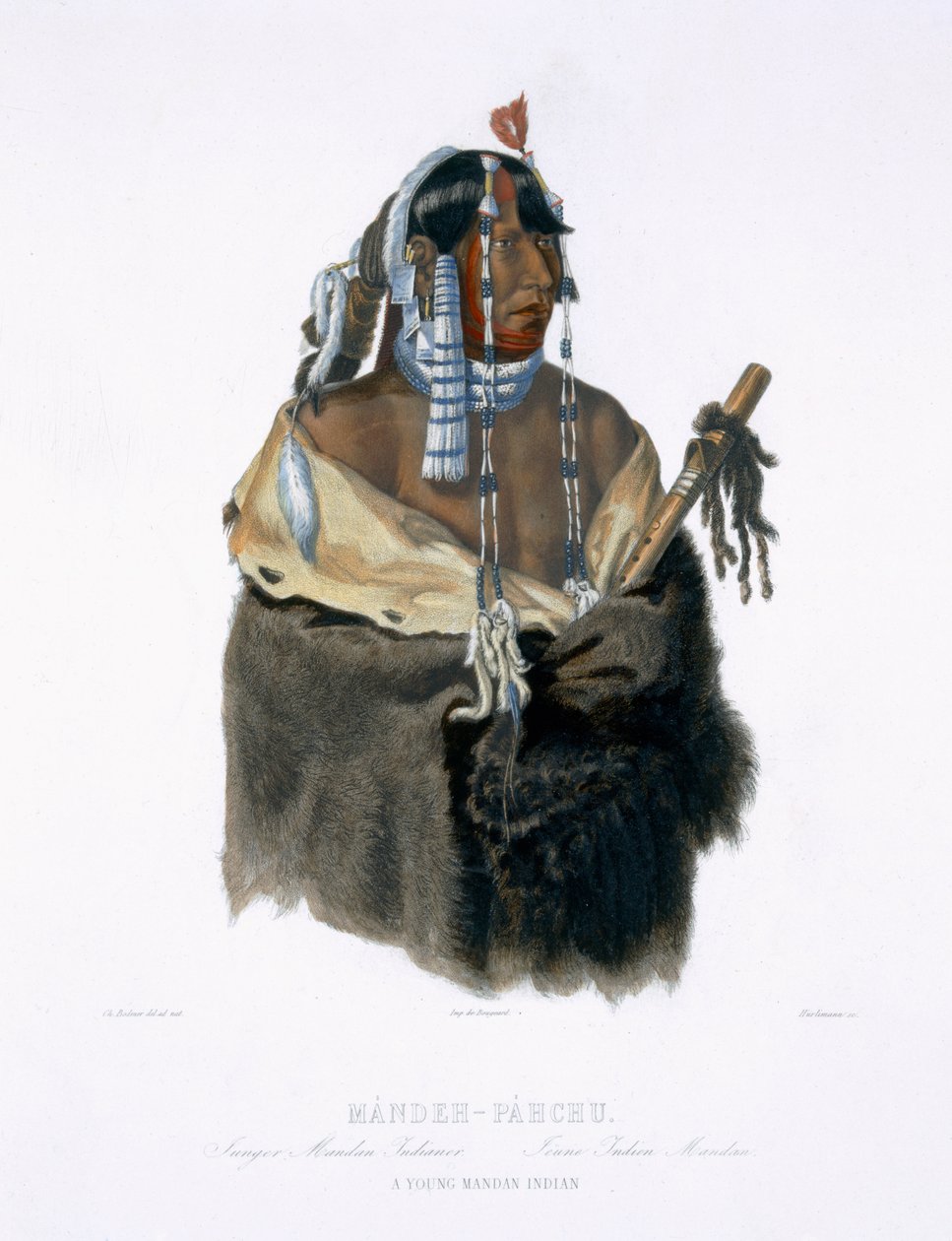 Mandeh-Pahchu, egy fiatal mandan indián, 24. tábla az "Utazások Észak-Amerika belsejében" 1. kötetéből, J. Hurlimann metszete, 1843 (aquatinta). alkotó: Karl Bodmer