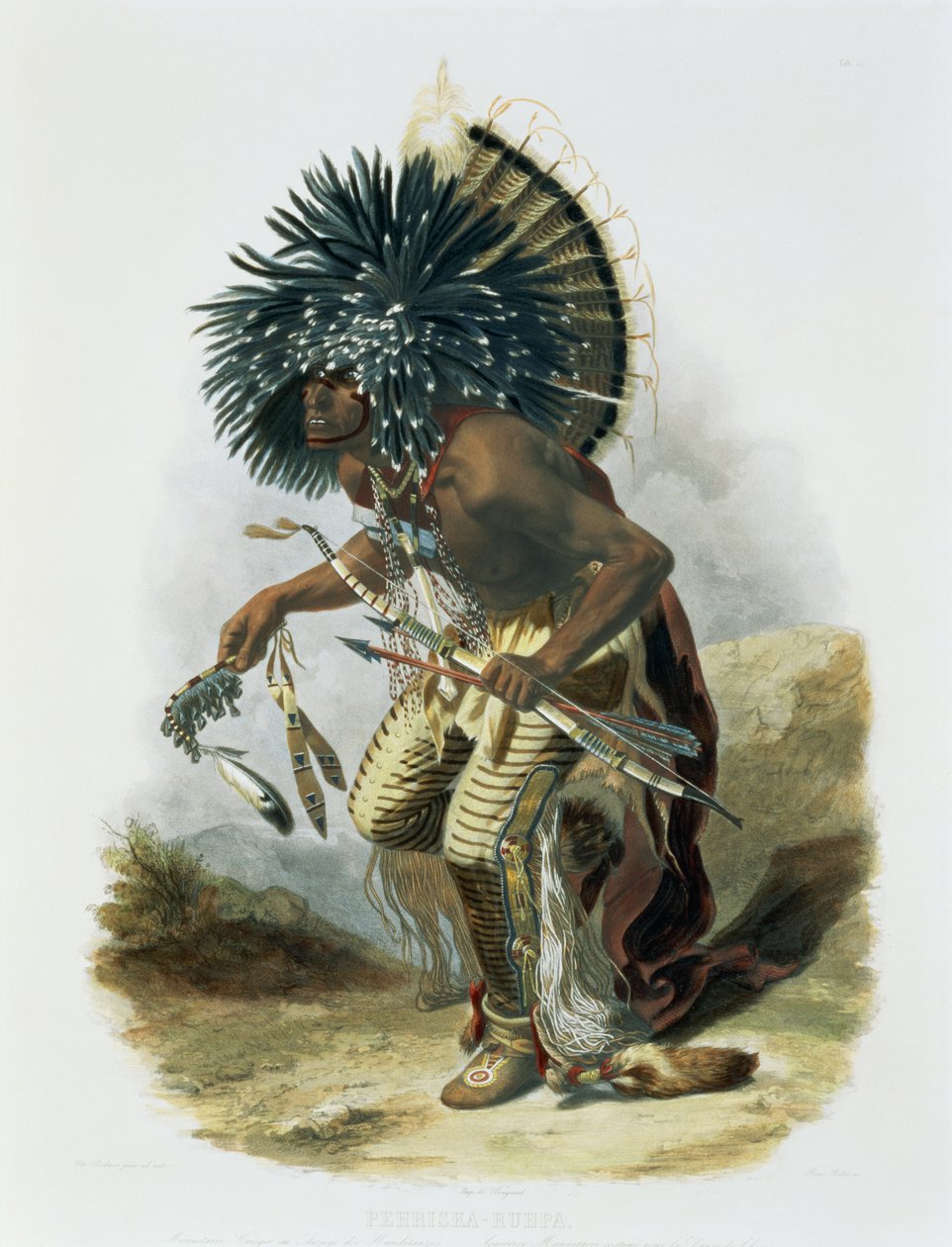 Pehriska-Ruhpa, Minatarre harcos a kutyatánc viseletében, 23. tábla az "Utazások Észak-Amerika belsejében" 2. kötetéből, metszet: Rene Rollet, 1844 (aquatinta). alkotó: Karl Bodmer