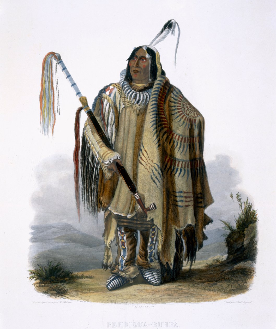 Pehriska-Ruhpa, egy minatarre vagy nagyhasú indián, 17. tábla az "Utazások Észak-Amerika belsejében" 2. kötetéből, metszette Paul Legrand, 1844 (akvatinta). alkotó: Karl Bodmer