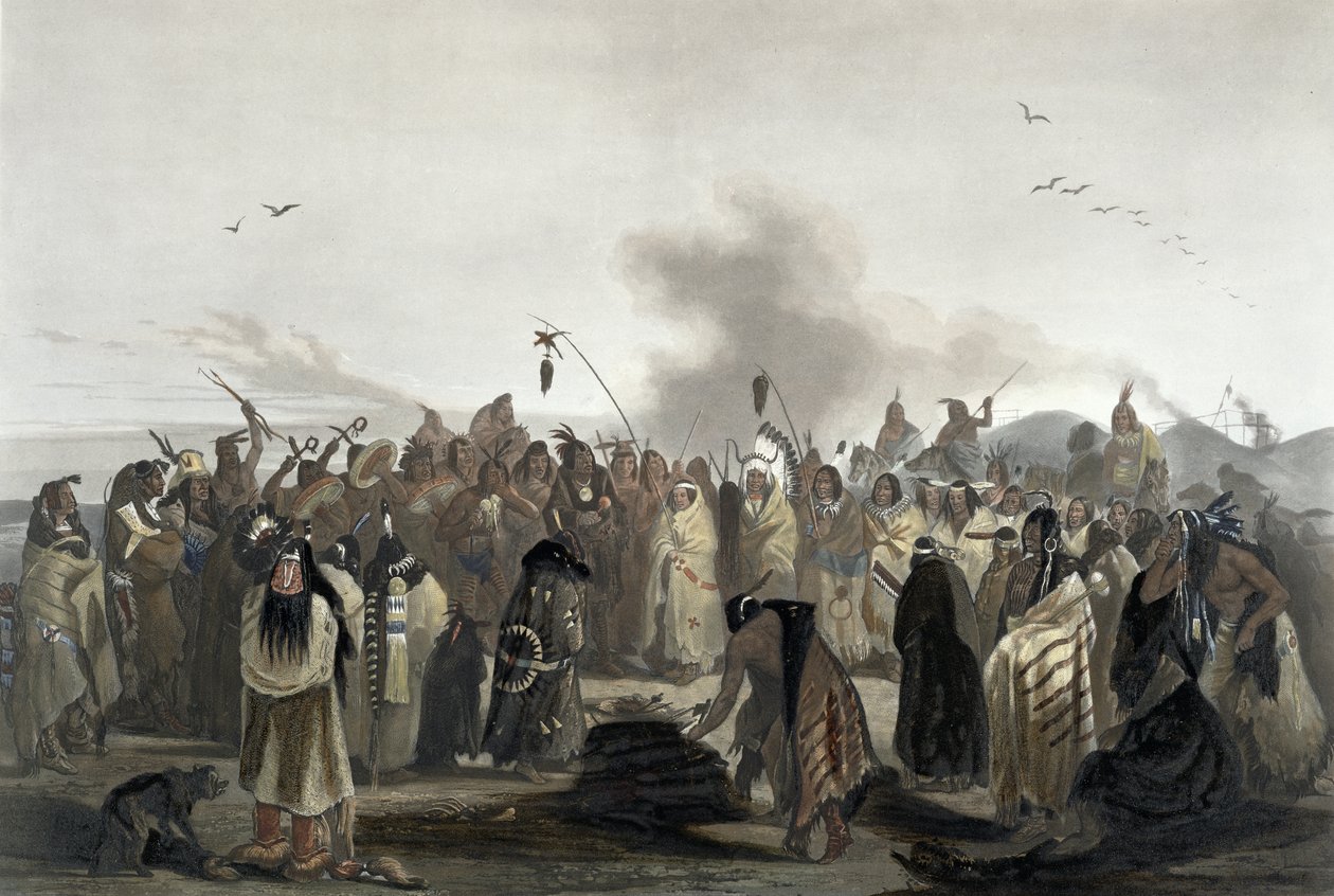 A minatarresek fejbőrtánca, 27. tábla az "Utazások Észak-Amerika belsejében" 2. kötetéből, Carl Vogel (1816-51) metszete 1844 (aquatinta) alkotó: Karl Bodmer