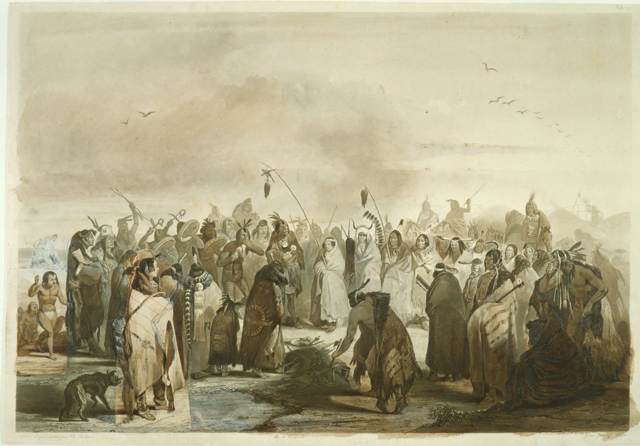 Minatárok skalp tánca, 1833-43 körül (ceruza, toll és wc papíron) alkotó: Karl Bodmer