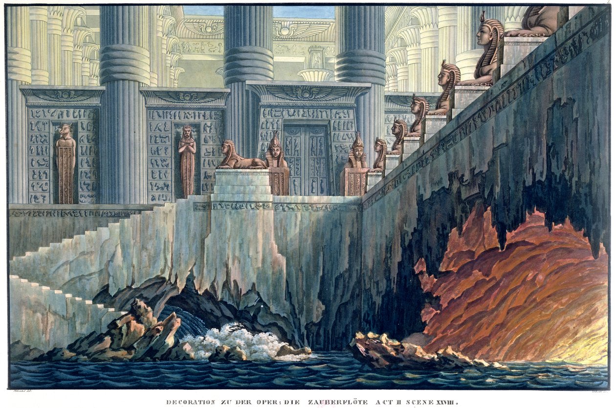 Egyiptomi díszlet a II. felvonáshoz, Wolfgang Amadeus Mozart (1756-91) „A varázsfuvola” című operájának xxviii. alkotó: Karl Friedrich Schinkel