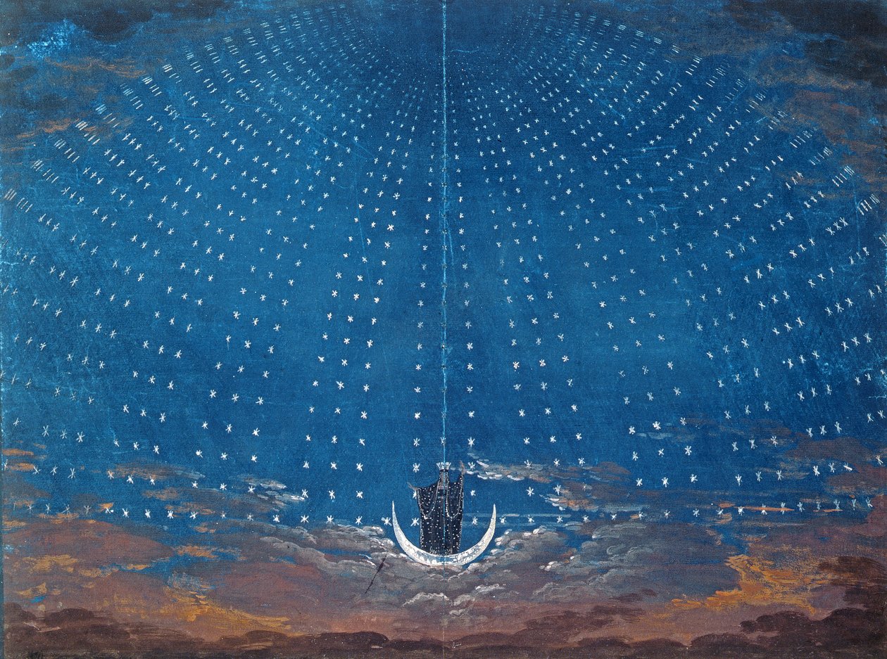 Az Éj Királynőjének Palotája, Wolfgang Amadeus Mozart (1756-91) „A varázsfuvola” díszlete egy berlini produkcióhoz, 1816 alkotó: Karl Friedrich Schinkel