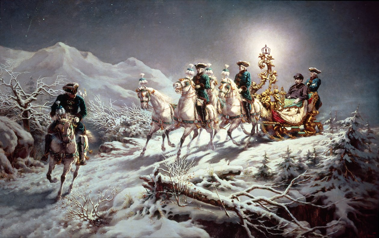 Ludwig II (1845-86) Bajorországból Éjszakai szánkózás Neuschwansteinból Linderhofba, 1888 alkotó: Karl Gottlieb Wenig
