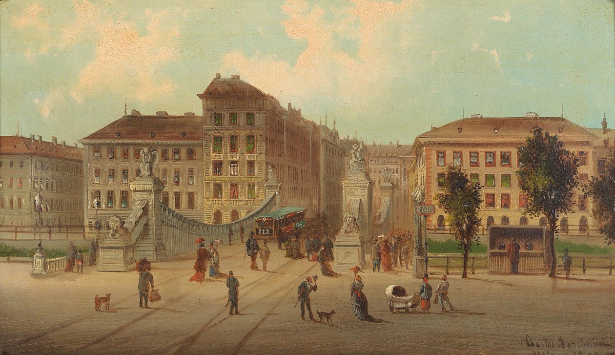 Az Aspernbrucke Wienn -ben: élénk utcakép villamosokkal Bécsben, 1878 link alkotó: Karl Kaufmann
