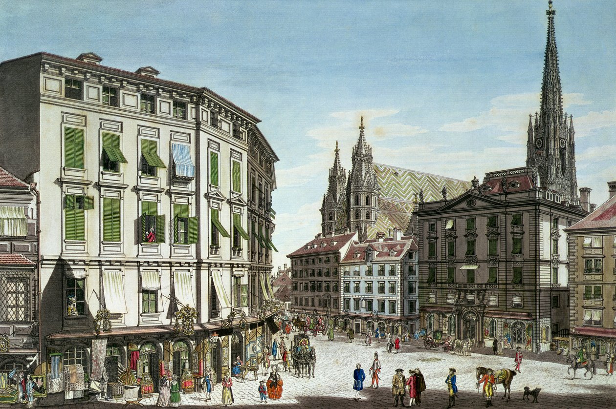 Stock-im-Eisen-Platz, a háttérben a Szent István-székesegyházzal, a művész metszetével, 1779 alkotó: Carl Schütz