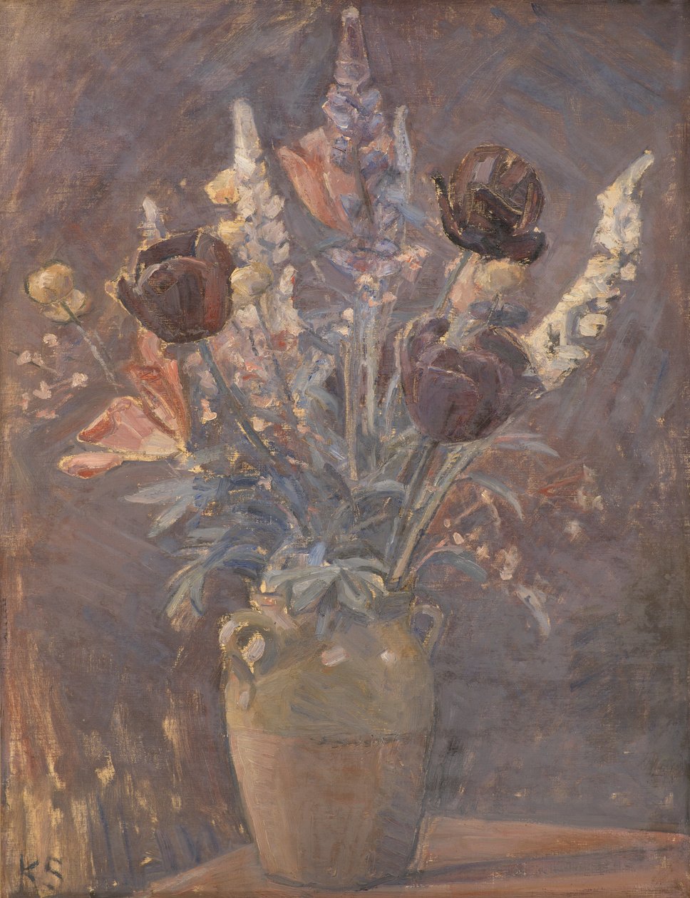 Agyagváza tulipánokkal és más virágokkal alkotó: Karl Schou