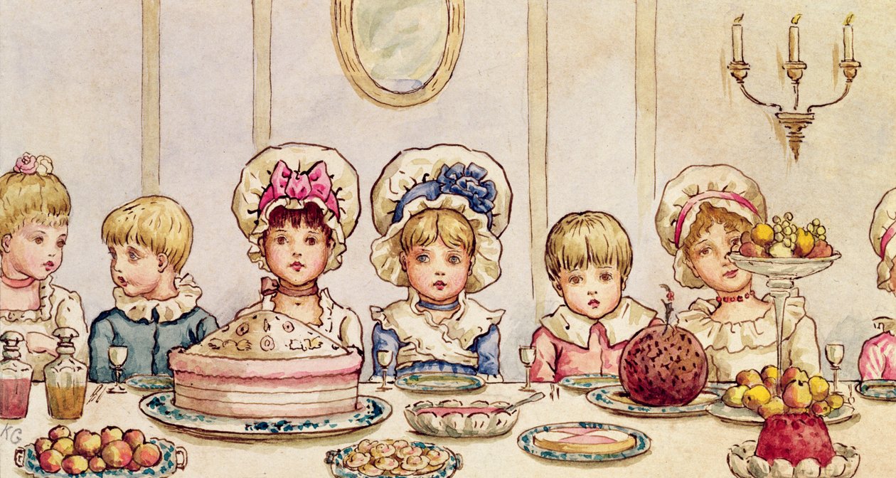 Vacsora, a „Christmas in Little Peopleton Manor” című művéből, az Illustrated London News, karácsony, 1879 alkotó: Kate Greenaway