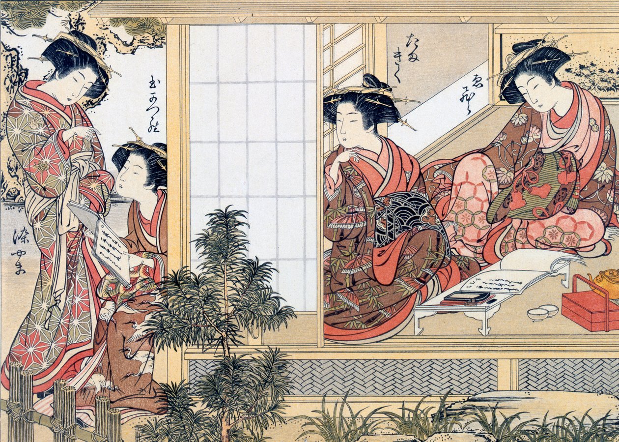 Japán nők olvasnak és írnak (színes fametszet) alkotó: Katsukawa Shunsho