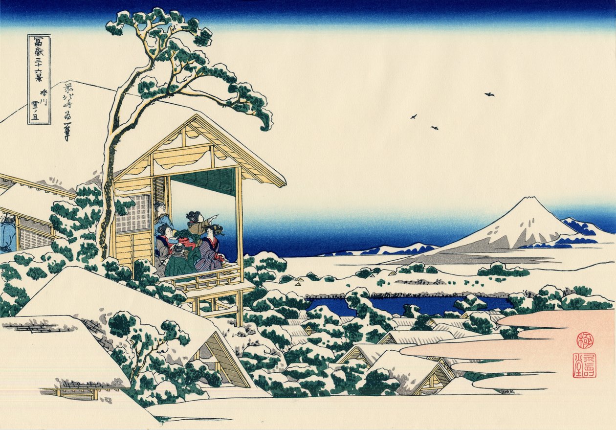 Teaház Koishikawában. Reggel a havazás után alkotó: Katsushika Hokusai