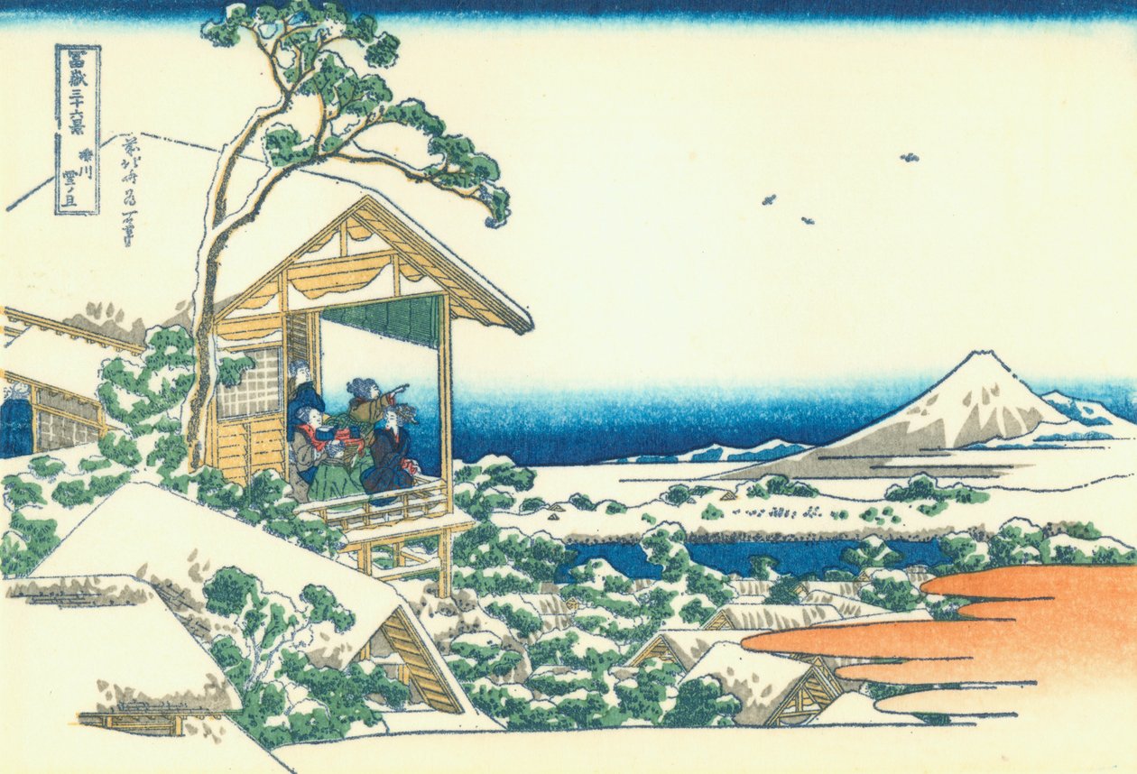 Teaház Koishikawában. Reggel a havazás után alkotó: Katsushika Hokusai