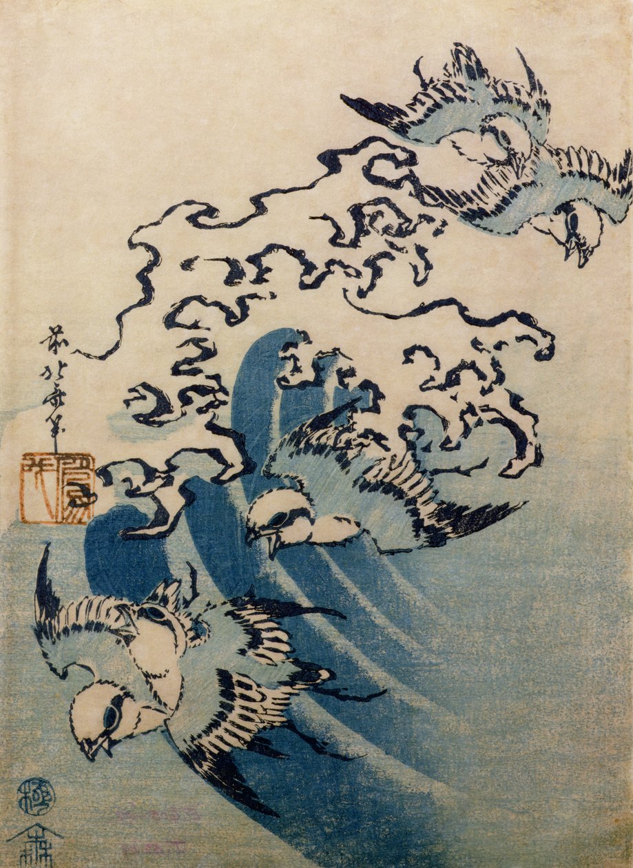Hullámok és madarak, 1825 körül (színes fametszet) alkotó: Katsushika Hokusai