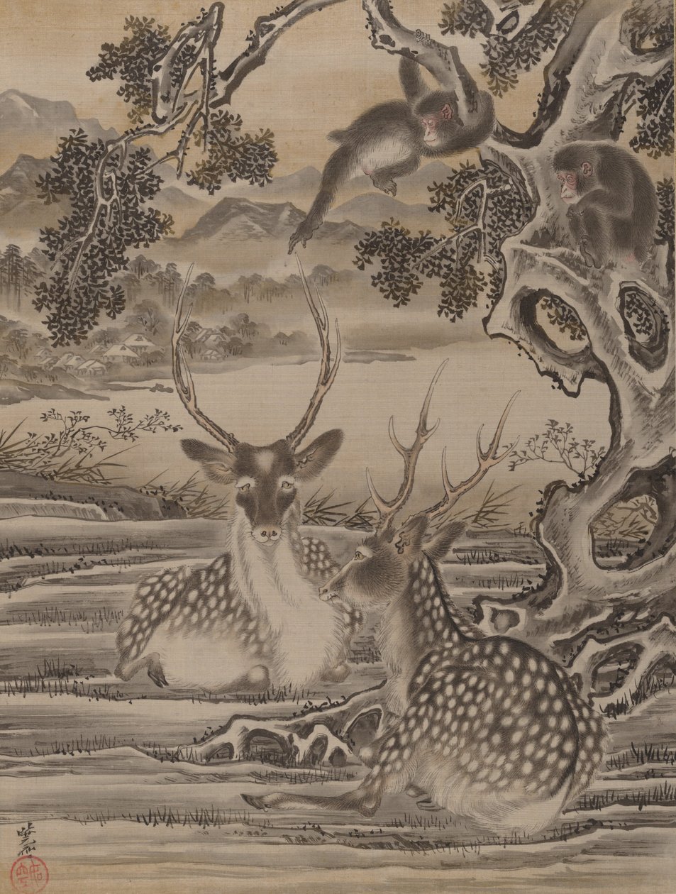 Szarvasok és majmok, kb. 1887. alkotó: Kawanabe Kyosai