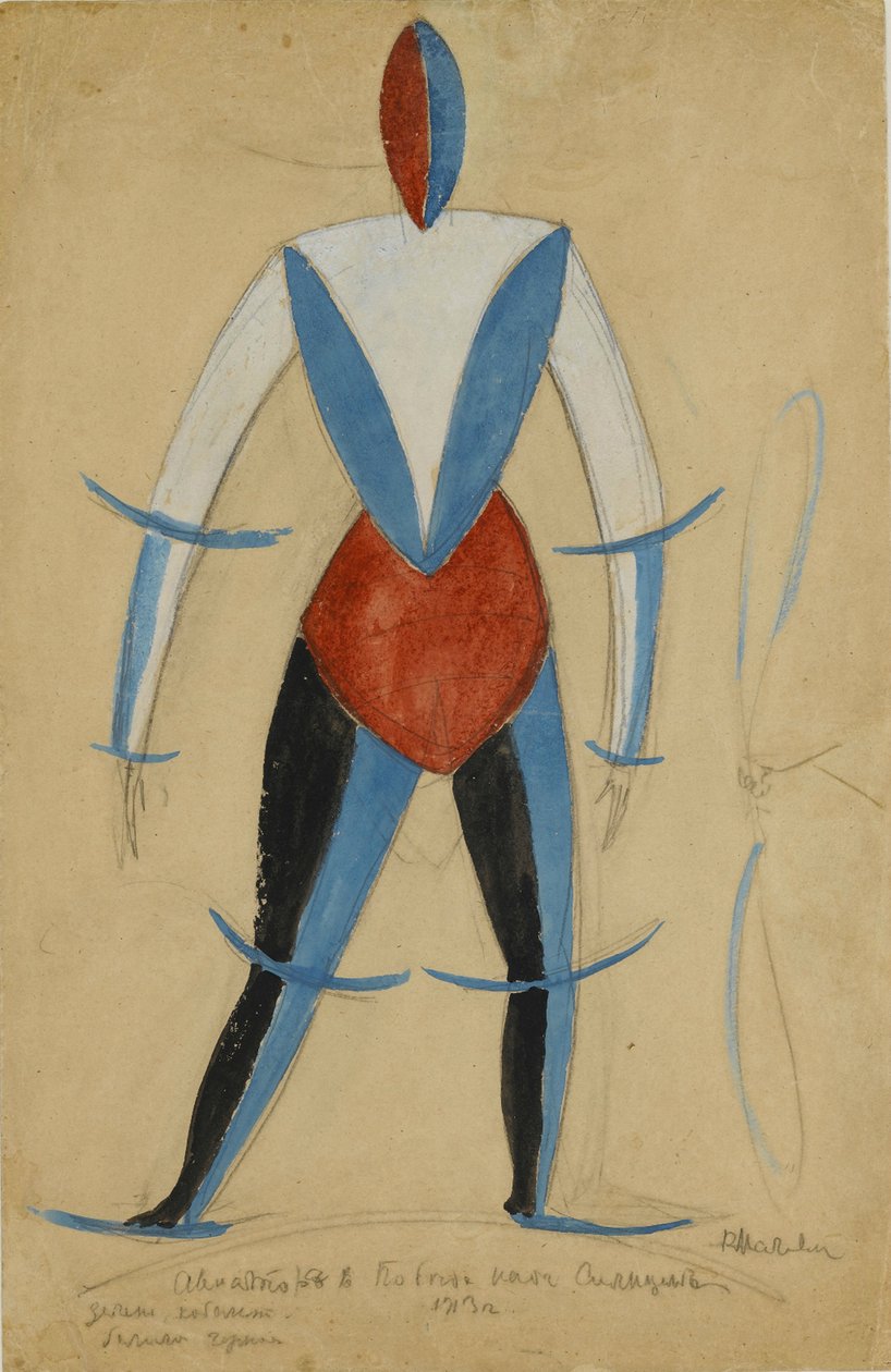 Aviator, Alekszej Kruchenykh Győzelem a nap felett című operájának jelmezterve, 1913 (tinta, gouache és ceruza papíron) alkotó: Kazimir Severinovich Malevich