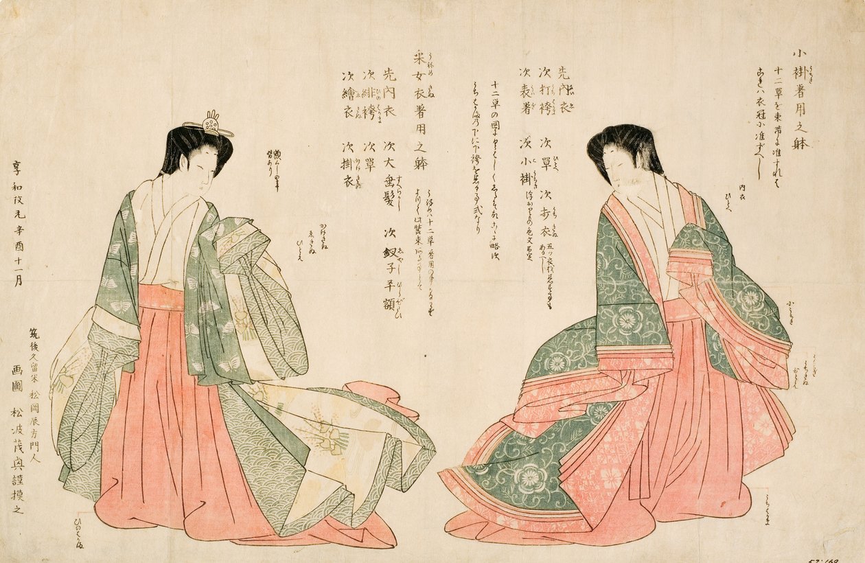 Két udvari jelmezt viselő nők, 1801 (fatégla) alkotó: Kikukawa Eizan