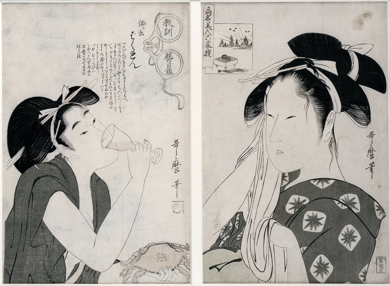 Egy szemtelen nő a „Kyokun oya no megane” (A szülők szemén keresztül látott oktatás) sorozatból (1803 körül) és Asahiya Goke, az özvegy, a „Komei bijin rokkasen” sorozatból, 1796 körül (fatömb prin) alkotó: Kitagawa Utamaro