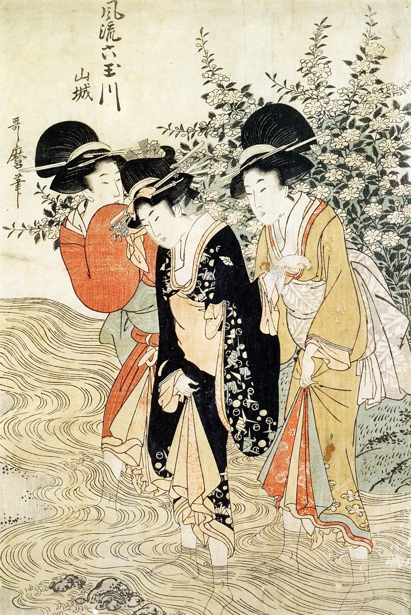 Három lány evez egy folyóban, a "Fashionable Six Jeweled Rivers"-ből, Yamashiro tartományból, 1790-ben (színes fatömbnyomat) alkotó: Kitagawa Utamaro