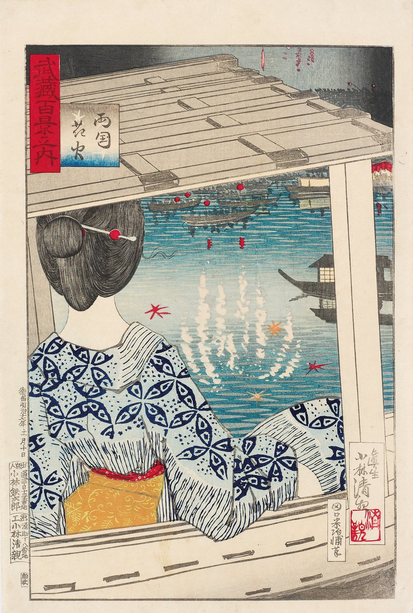 Tűzijáték a Ryogoku hídnál alkotó: Kiyochika Kobayashi