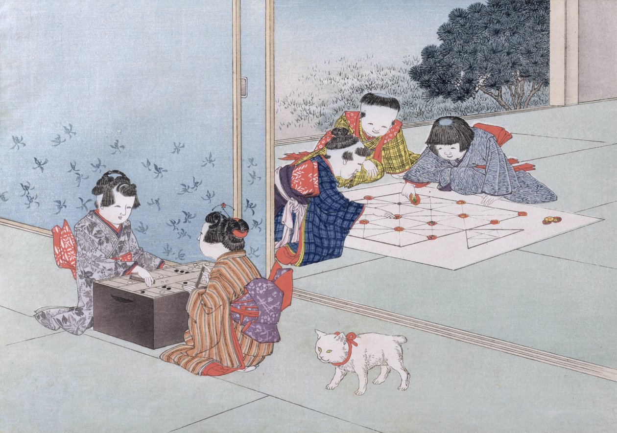 Backgammon és Musashi a „Gyermekjátékok” sorozatból, 1888 (színes fametszet) alkotó: Kobayashi Eitaku