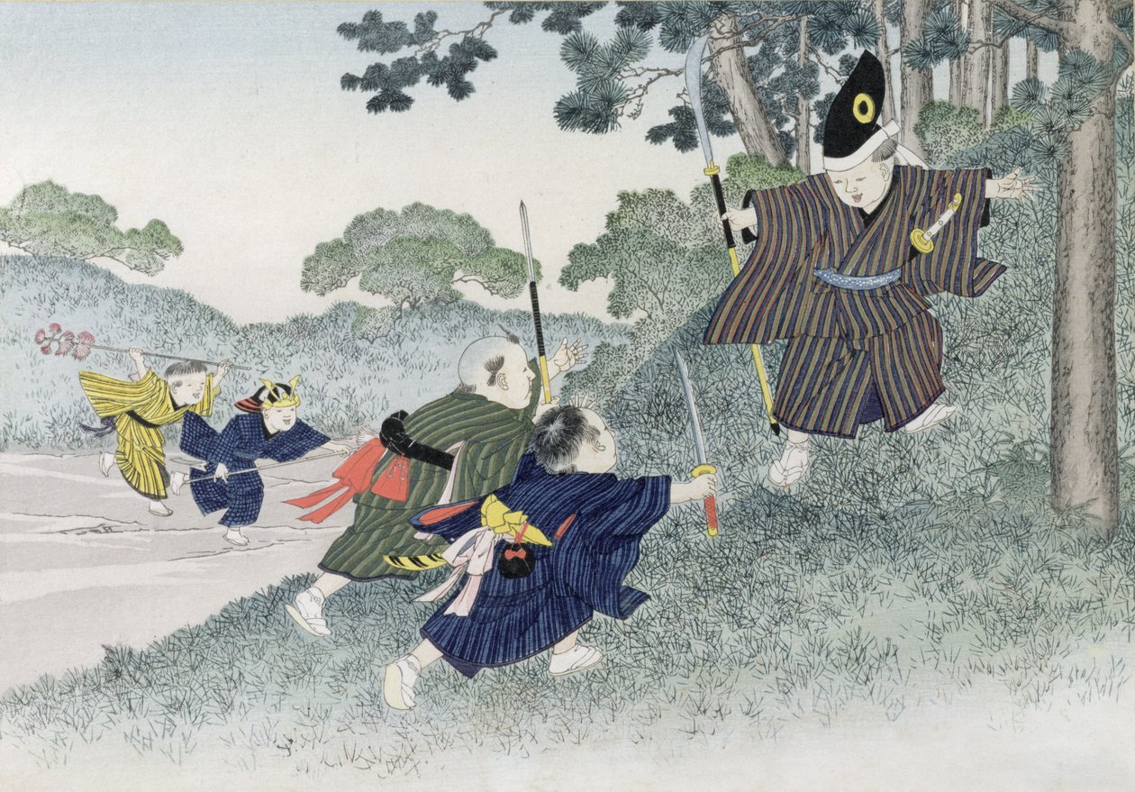 Játszott a Warriorsnál a „Gyermekjátékok” sorozatból, 1888 (színes fametszet) alkotó: Kobayashi Eitaku