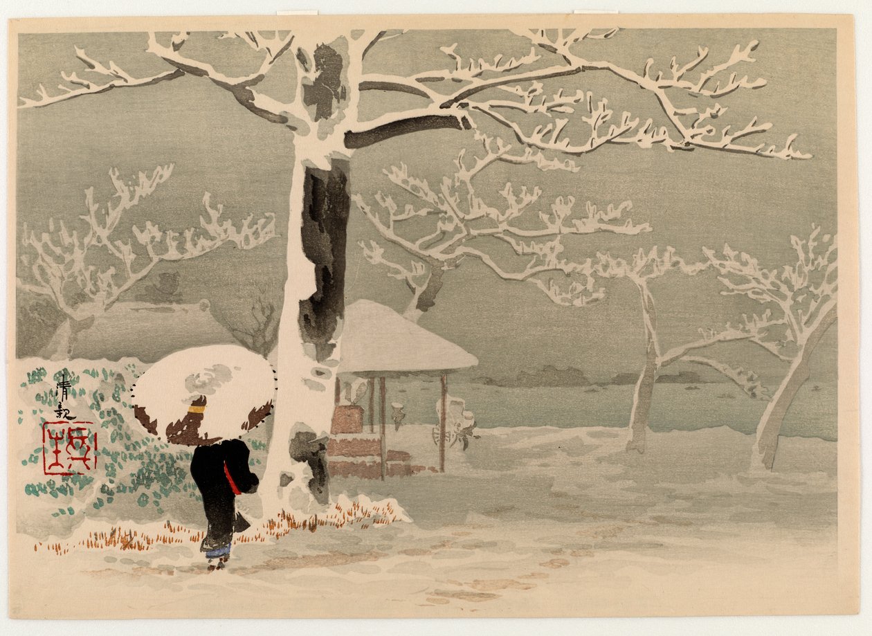 Hó a Sumida folyónál, 1930-as évek (színes fatömbnyomat) alkotó: Kobayashi Kiyochika