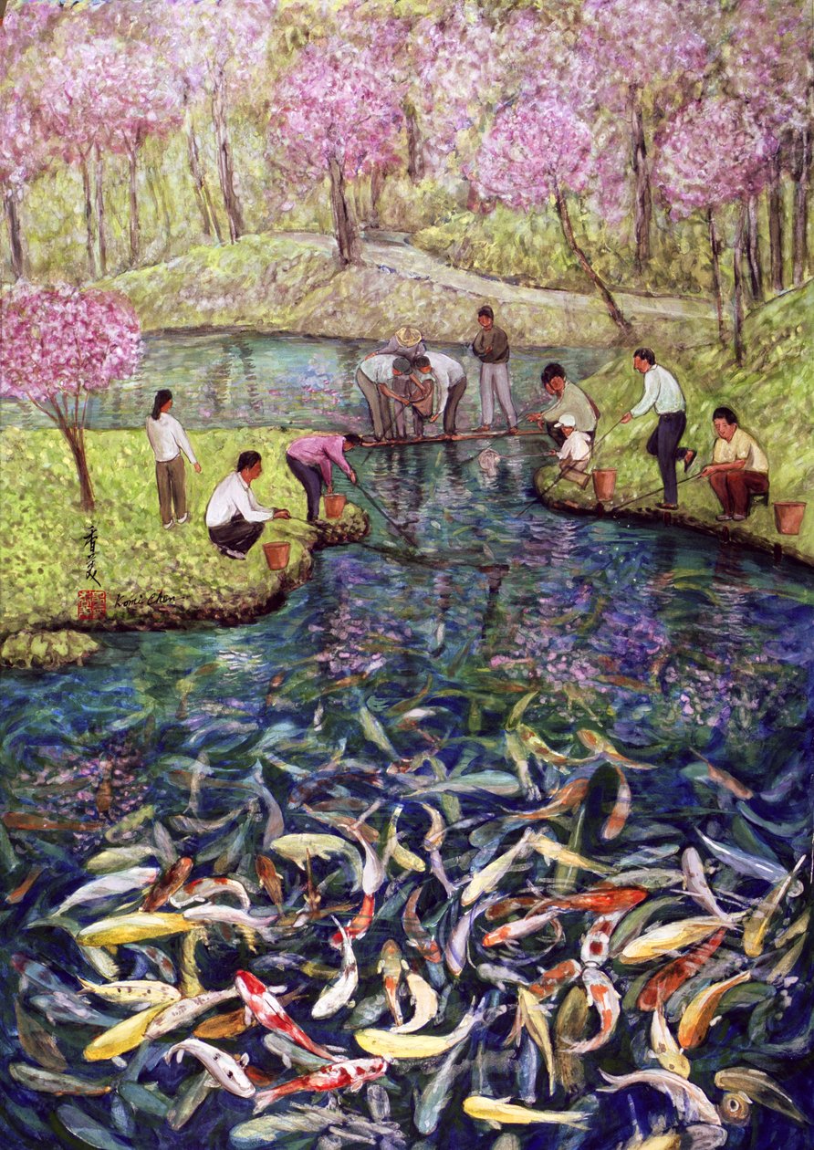 Horgászat, 1996 (guache, selyem) alkotó: Komi Chen