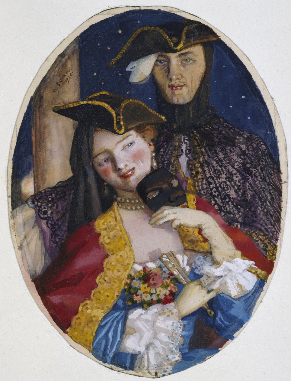 Velencei karneválra öltözött házaspár, 1930 (testszín grafitnyomok felett, krémpapíron) alkotó: Konstantin Andreevic Somov