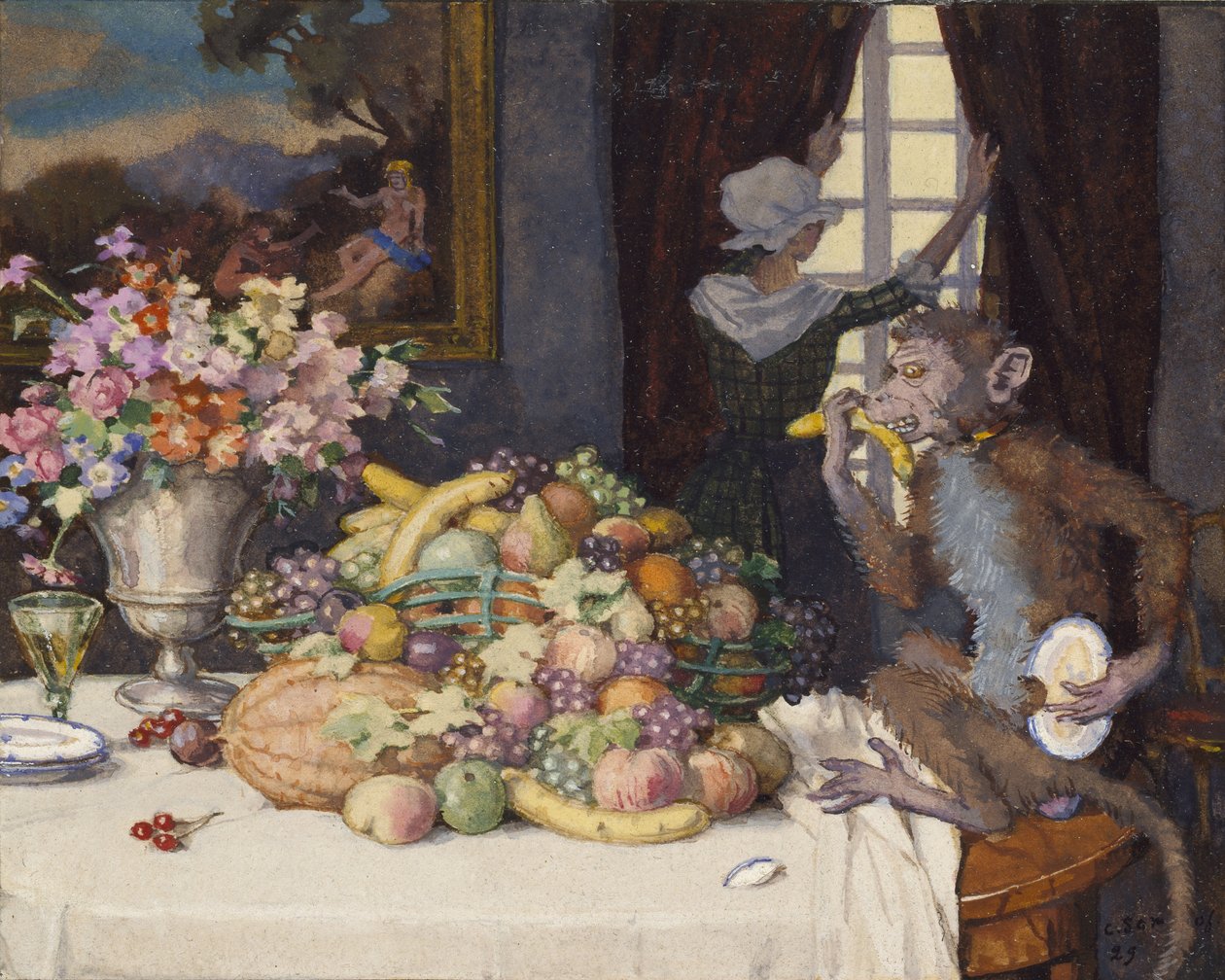 Greedy Monkey, 1929 (testszín egy körülhatárolt keretben fekete tintával, krémpapíron) alkotó: Konstantin Andreevic Somov