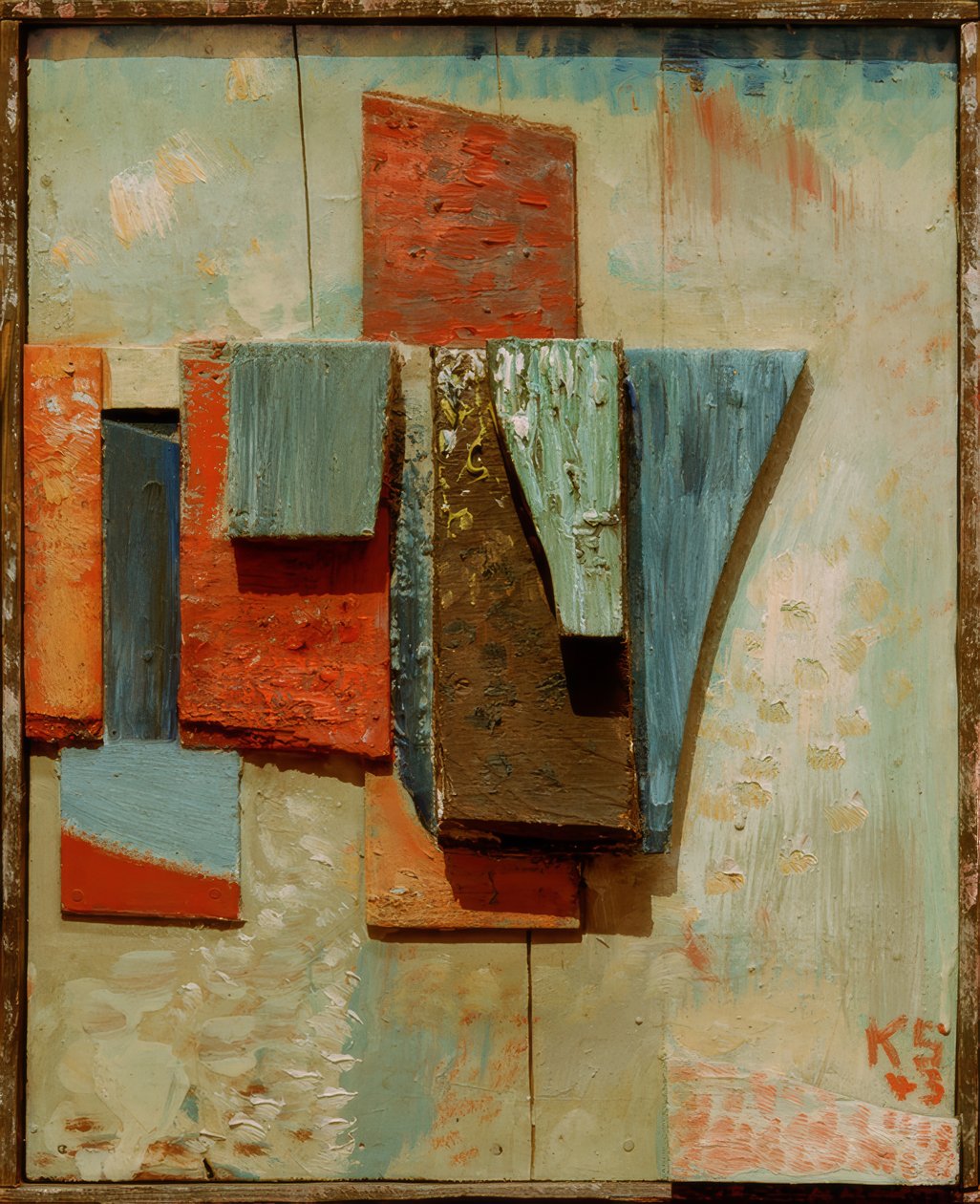 Színes fa építés alkotó: Kurt Schwitters