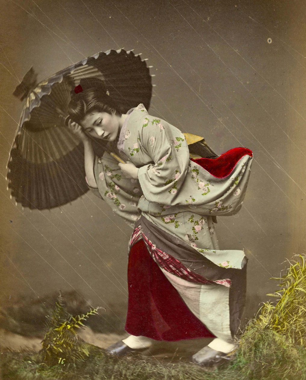 Esőviharba esett nő, 1890 körül alkotó: Kusakabe Kimbei
