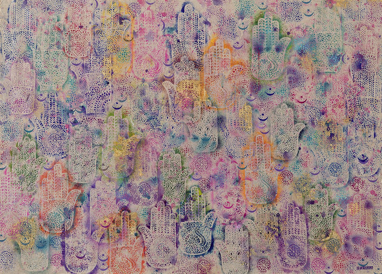 Fatima kezei, 1999 (akril és arany levél papíron) alkotó: Laila Shawa