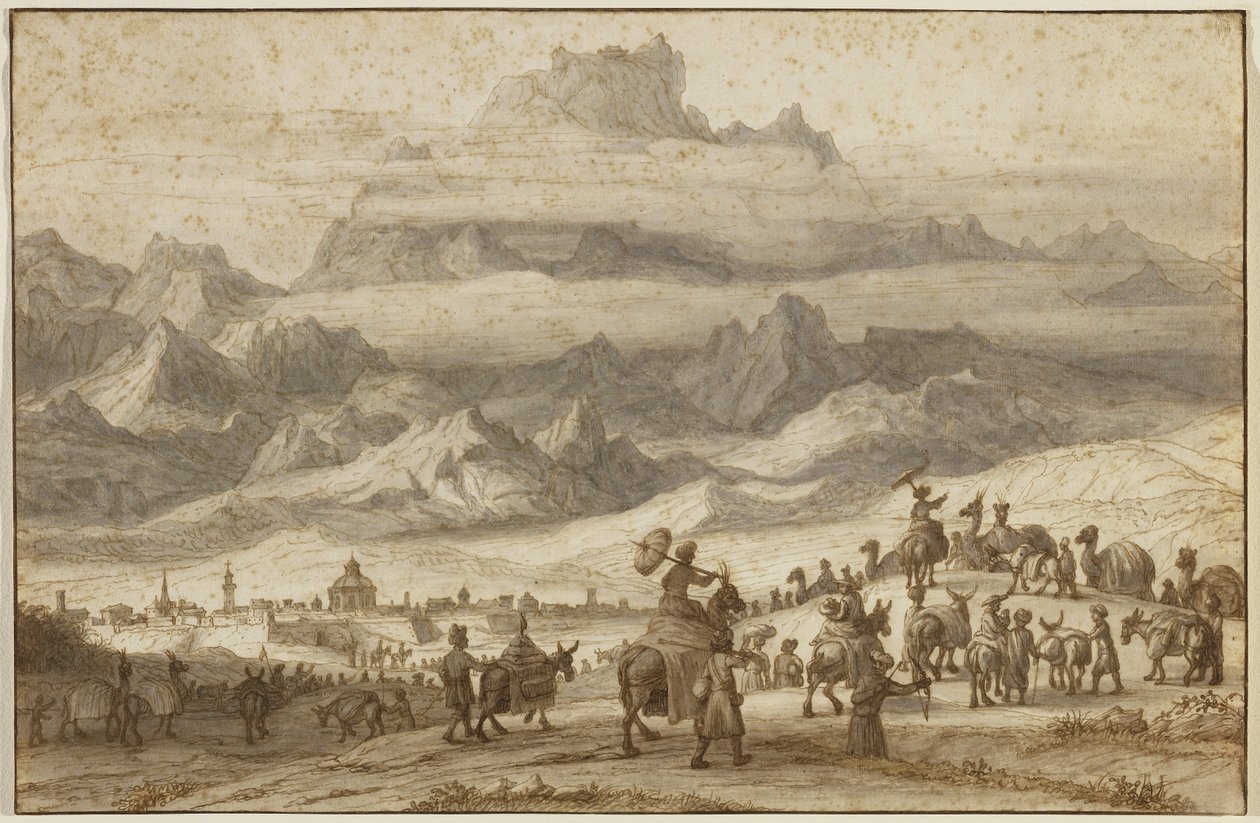 Noé bárkája az Ararát-hegyen, egy tevevonat Jereván városán kívül, az előtérben, 1690 körül (toll és barna tinta barna, szürke és sárga csíkokkal a lefektetett papíron) alkotó: Lambert Doomer