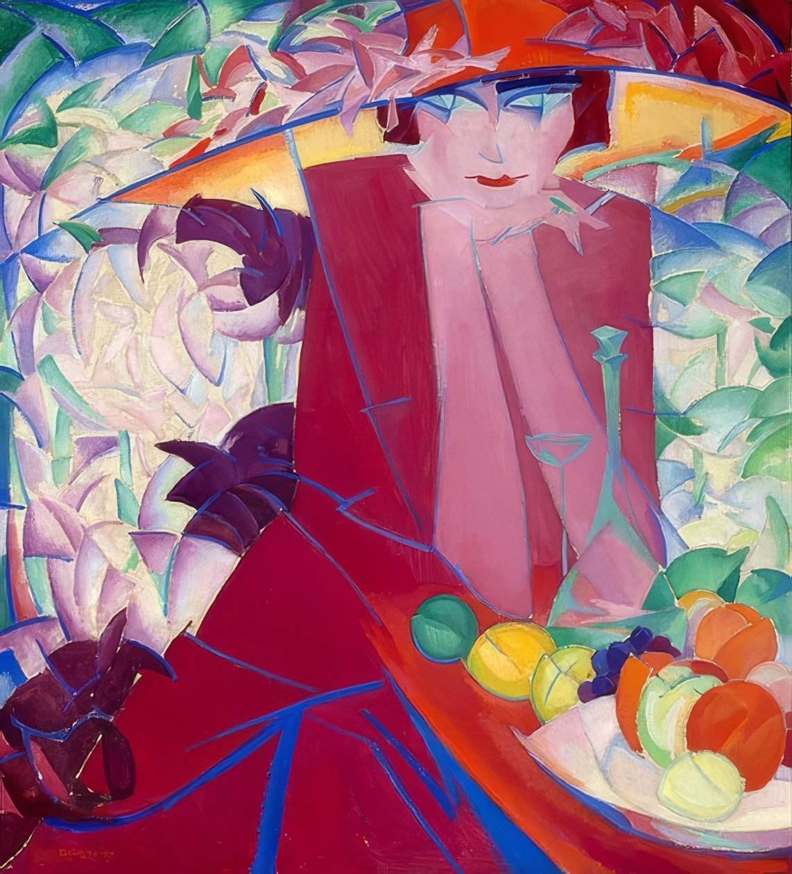 Hölgy egy nagy kalappal a nyaralóban. 1913 alkotó: Leo Gestel