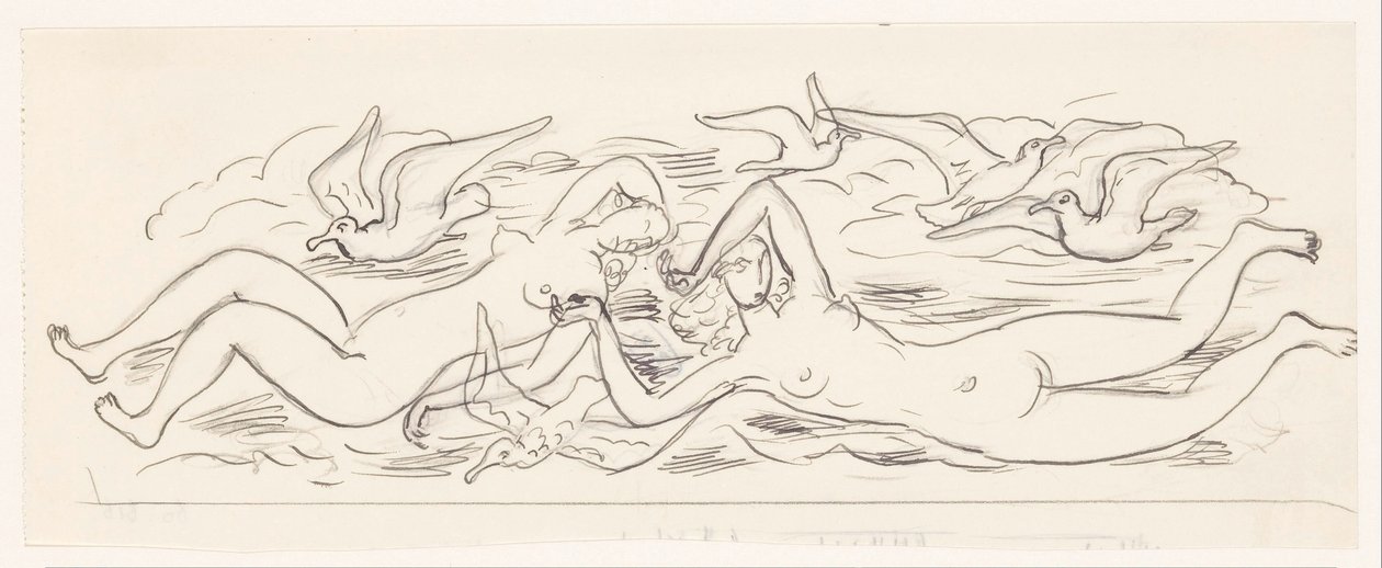 Két meztelenül úszó nő és öt sirály alkotó: Leo Gestel